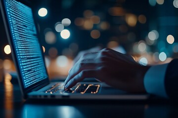 A focused professional intently typing on a laptop at night, set against a background of blurred city lights, representing dedication and technological engagement.