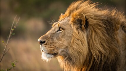 Fototapeta premium An elegant closeup reveals a majestic lion mask its golden mane flowing dramatically while the subjects intense gaze exudes confidence.
