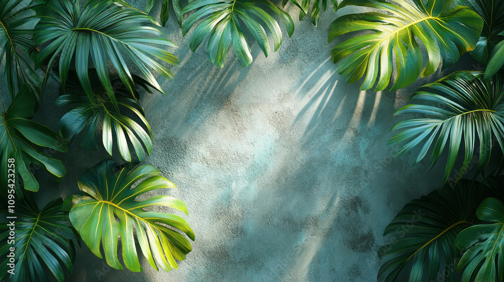 Poster an arrangement of overlapping palm leaves in varying shades of green, creating a layered effect on a