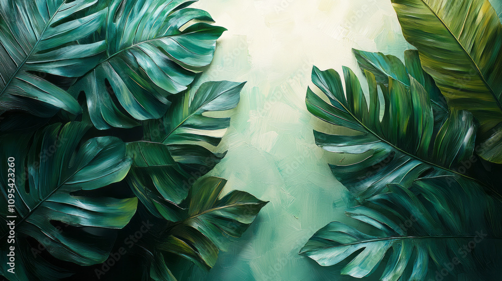 Poster an arrangement of overlapping palm leaves in varying shades of green, creating a layered effect on a