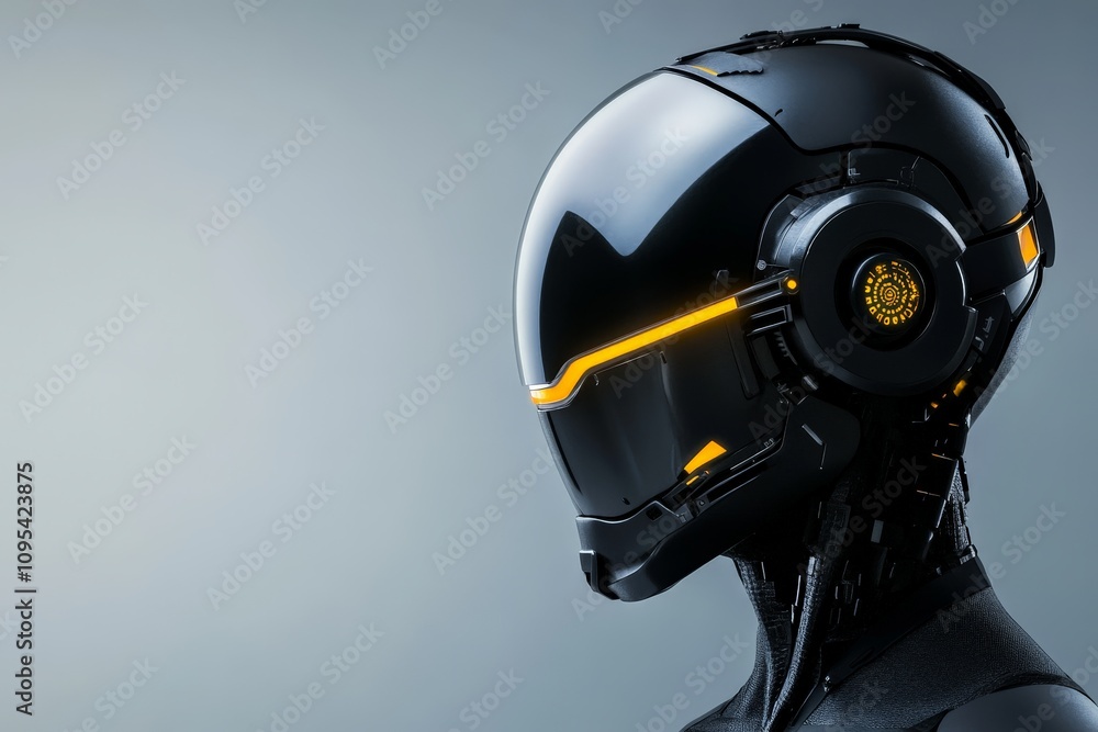 Poster a high-tech helmet, embodying futurism and sleek design, glows subtly with an intricate pattern, ind
