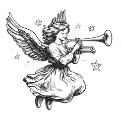Naklejka premium vector comic style sketch of Christmas Angel flying with drum, rough black outlines on white background 