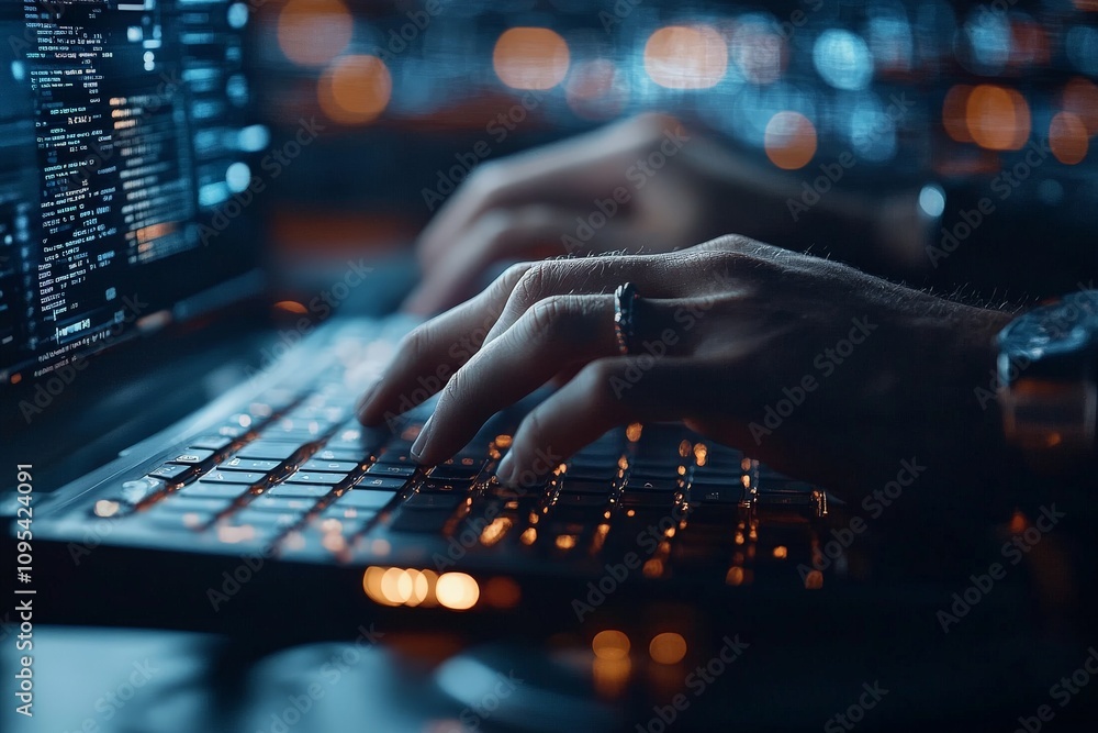 Poster hands type swiftly on a modern laptop keyboard, with intricate lines of code visible on the screen, 