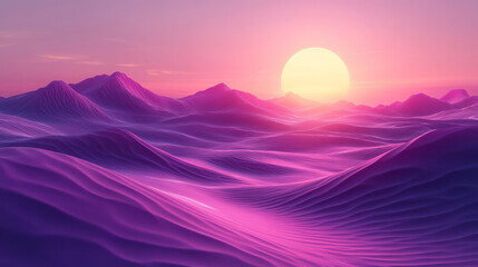 3D render of a purple sunset over sand dunes,