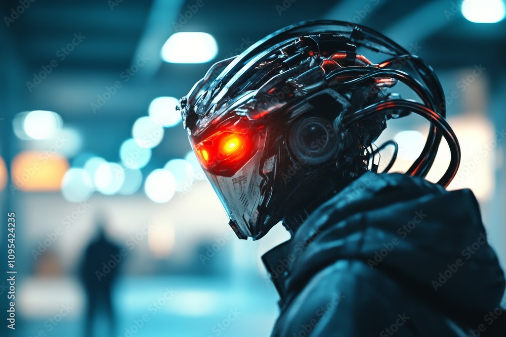 Poster a futuristic robot with glowing red eyes in a bluish tech environment, symbolizing artificial intell
