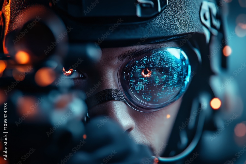 Poster an intense close-up of a sniper aiming through a scope equipped with a digital display, emphasizing 