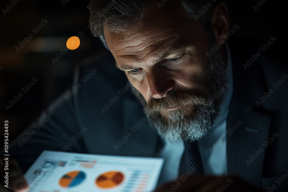 Poster a bearded businessman intensely examines a glowing tablet displaying data and charts, exemplifying a