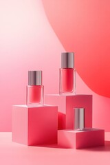 Pink nail polish bottles on geometric blocks	