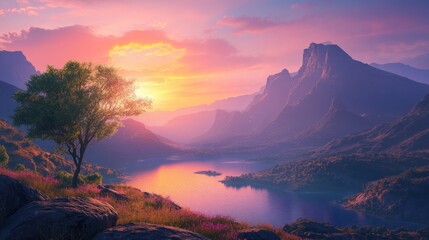Fototapeta premium Serene Sunset Landscape: A Solitary Tree by a Mountain Lake