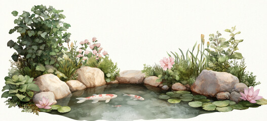 Serene garden pond with koi fish and lush greenery in tranquil watercolor design