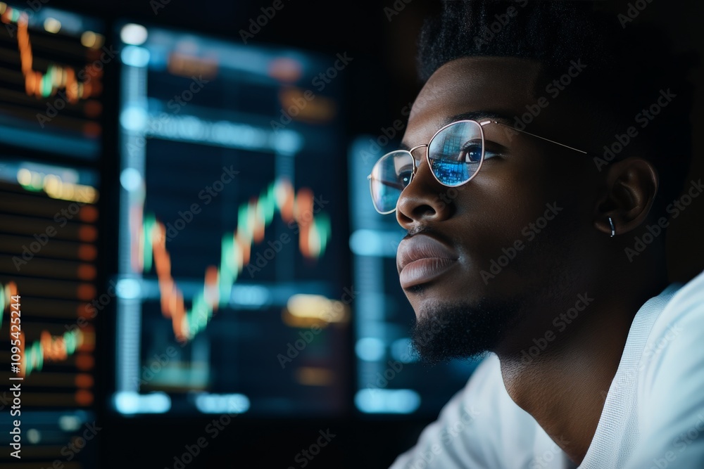 Poster an analyst is deeply focused while examining digital stock market trends, surrounded by flickering g