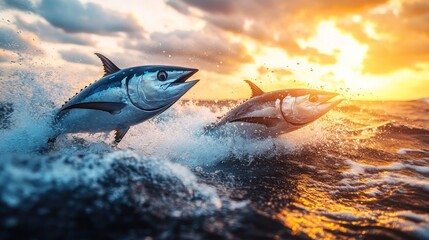 Fototapeta premium Two tuna leaping from ocean waves at sunset.
