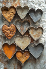 Obraz premium A collection of mismatched metal cookie cutters in the shapes of stars, hearts, and circles, stacked neatly on a flour-dusted surface,