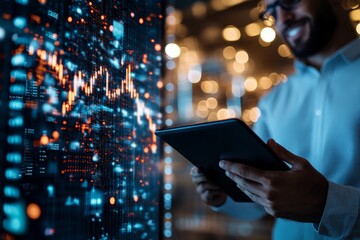 A cheerful businessman reviews digital data on his tablet against a backdrop of animated financial graphs. This image depicts optimism in tech-driven business insights.