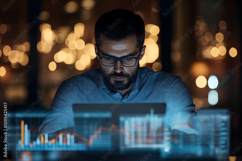 Poster a man wearing glasses intently analyzes data on a laptop, with graphs displayed, illustrating detail