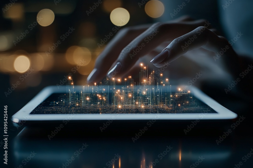 Poster a hand interacts with a digital hologram on a tablet, featuring futuristic data visualization that s