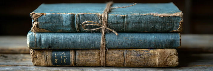 Fototapeta premium A stack of old, weathered books with fabric bookmarks sticking out, tied together with a simple piece of twine,