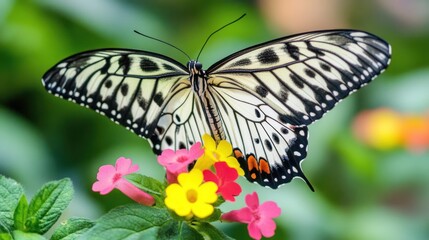 Close-up of a striking Black and White Butterfly on Vibrant Flowers