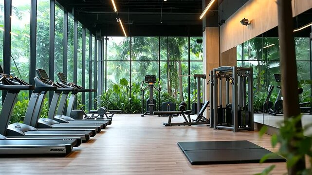 1_Vibrant Gym Space with Fitness Equipment and Lush Greenery