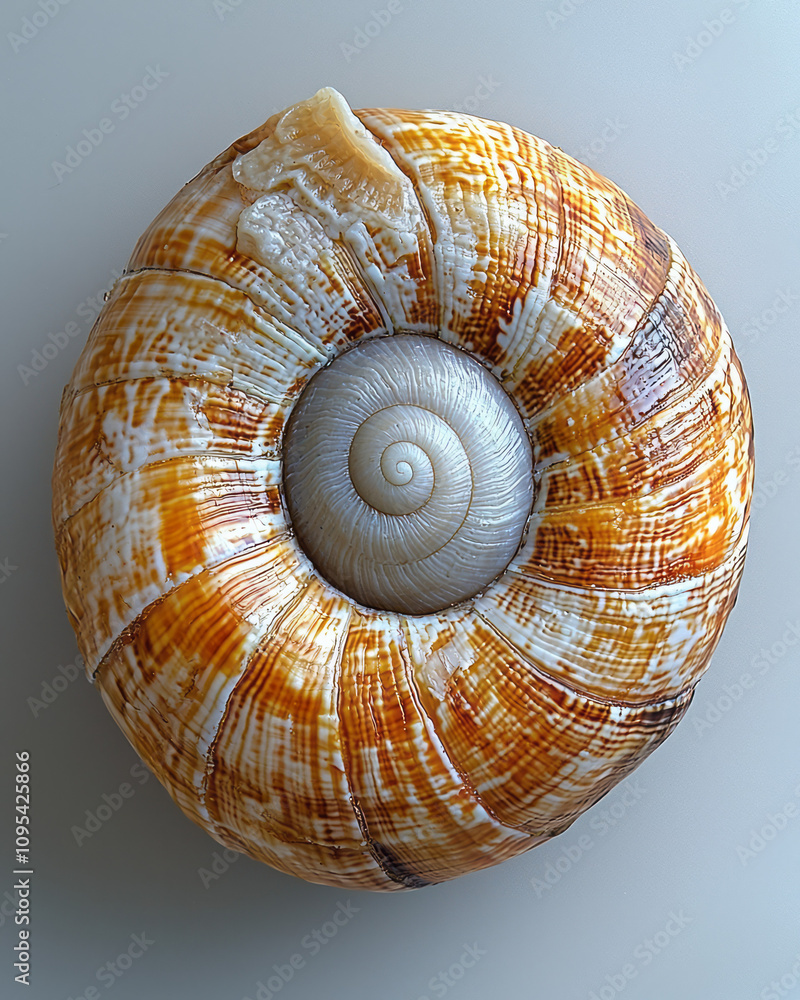 Poster a detailed shot of a snailâ€™s spiral shell, revealing its smooth texture and fine grooves, placed o