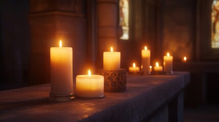 Glistening candles illuminate a stone altar, soft golden light dances in a tranquil setting, stained glass windows cast colorful reflections, evoking serenity and contemplation.