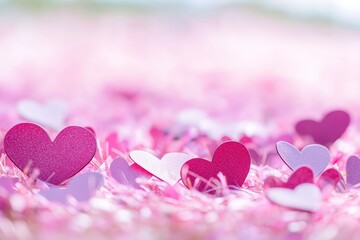 Fototapeta premium A festive and fun Valentinea??s card with a confetti of paper cut hearts in pink shades sprinkled across a pastel pink field.