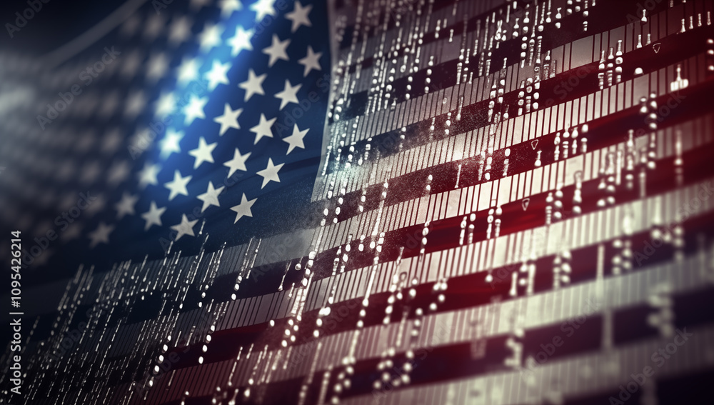 Poster usa flag integrated with digital data and binary code reflecting the fusion of culture and technolog