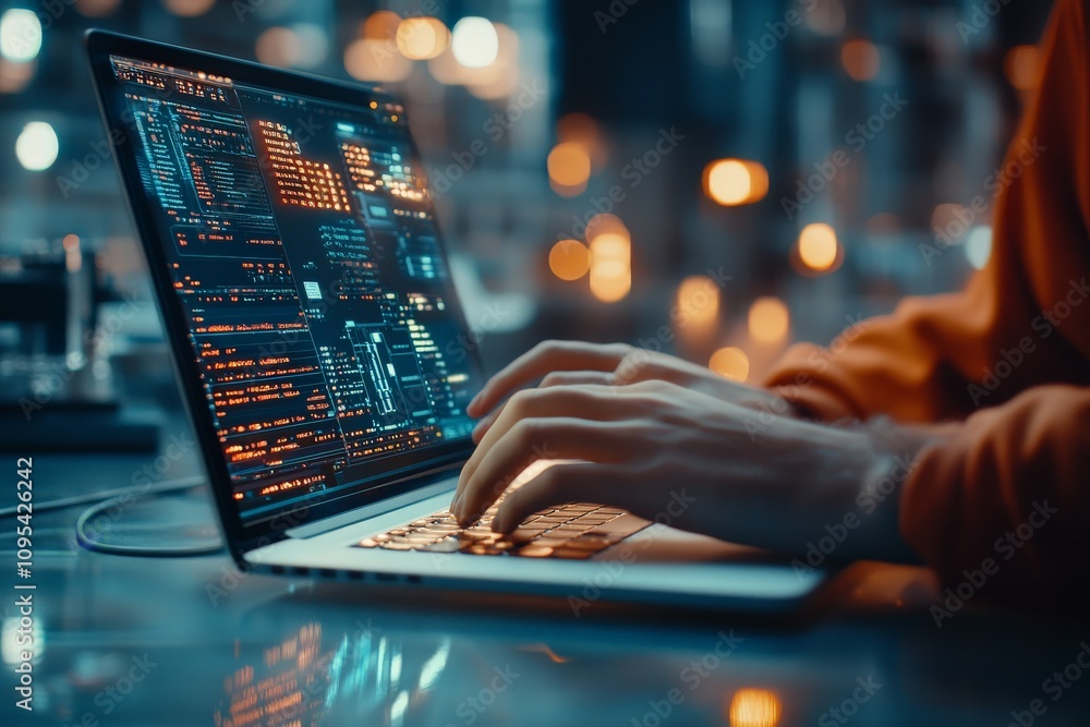 Poster close-up shot of hands typing on a laptop under dim lighting with a screen full of programming code,