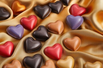 Fototapeta premium A festive scene of multicolored heart-shaped chocolates scattered on a shimmering gold fabric.