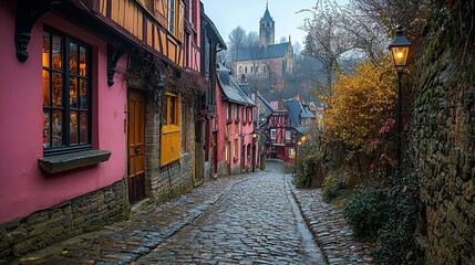 Fototapeta premium A narrow cobblestone street lined with colorful lit buildings at dusk.