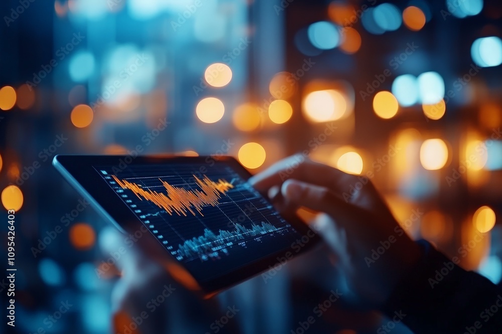Aufkleber a tablet screen showcasing fluctuating financial data graphs, representing economic dynamics and ana