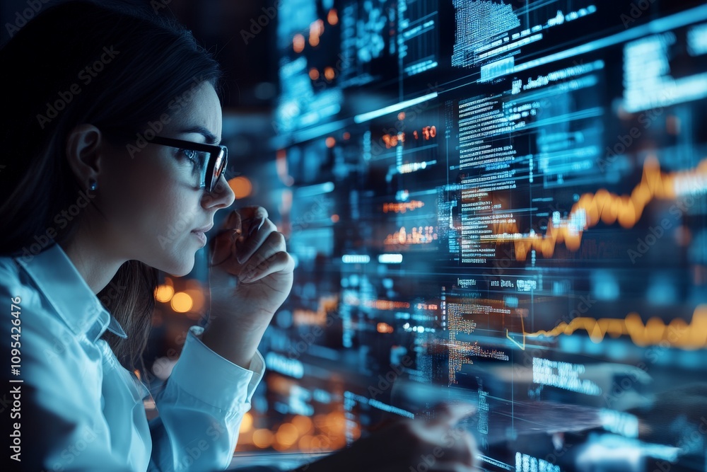 Poster a woman intensely examines data visualizations on multiple transparent screens, representing modern 