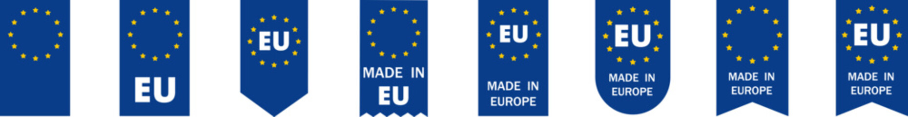 Made in Europe. EU product banner placed on flags. Made in Europe flags. Made in EU tag icon set. Made in Europe vector icons