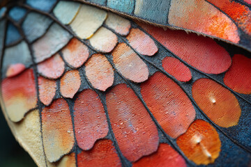 An extreme close-up of butterfly scales forming a vibrant mosaic pattern on its wing, displayed on a bright white backdrop,
