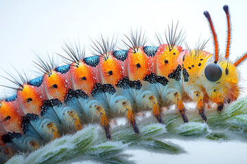 Obraz premium A magnified capture of a caterpillarâ€™s segmented body, highlighting its soft texture and vibrant colors, isolated on a clean white backdrop,
