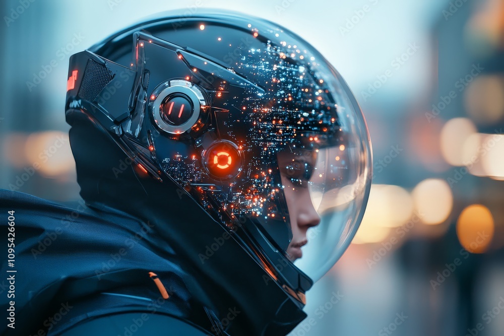 Poster this image showcases a futuristic helmet with digital interface components, combining advanced techn
