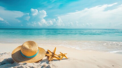 Tropical beach with sunbathing accessories, summer holiday concept
