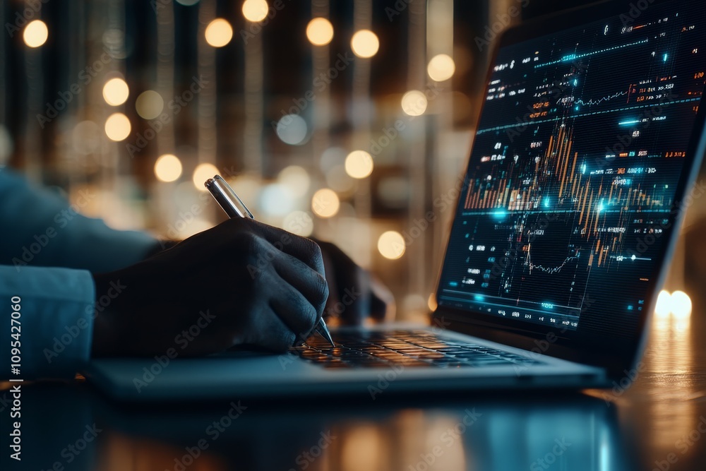 Poster hands typing on a laptop with financial graphs on screen, representing the intersection of technolog