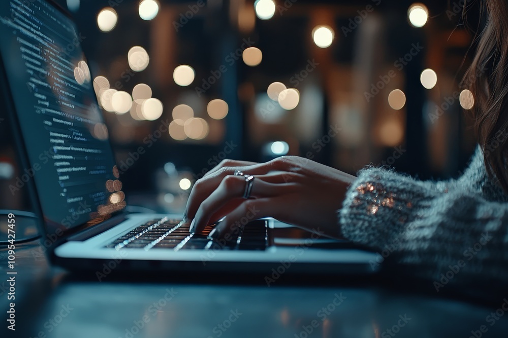 Poster a person types code on a laptop keyboard in a dimly lit cafe setting, epitomizing the fusion of tech