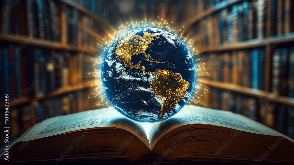 Aufkleber glowing earth above an open book in a library, with light emanating from the globe. concept of knowl