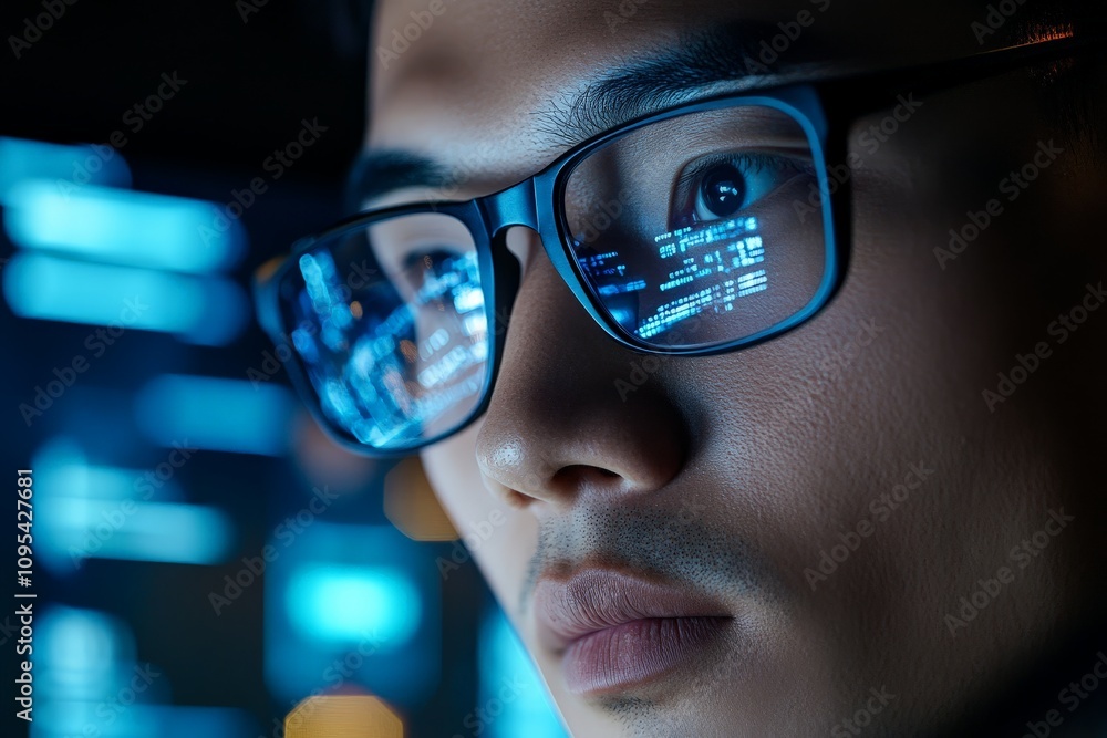 Poster a person intently focuses on a computer screen, with lines of code reflecting on their glasses, show