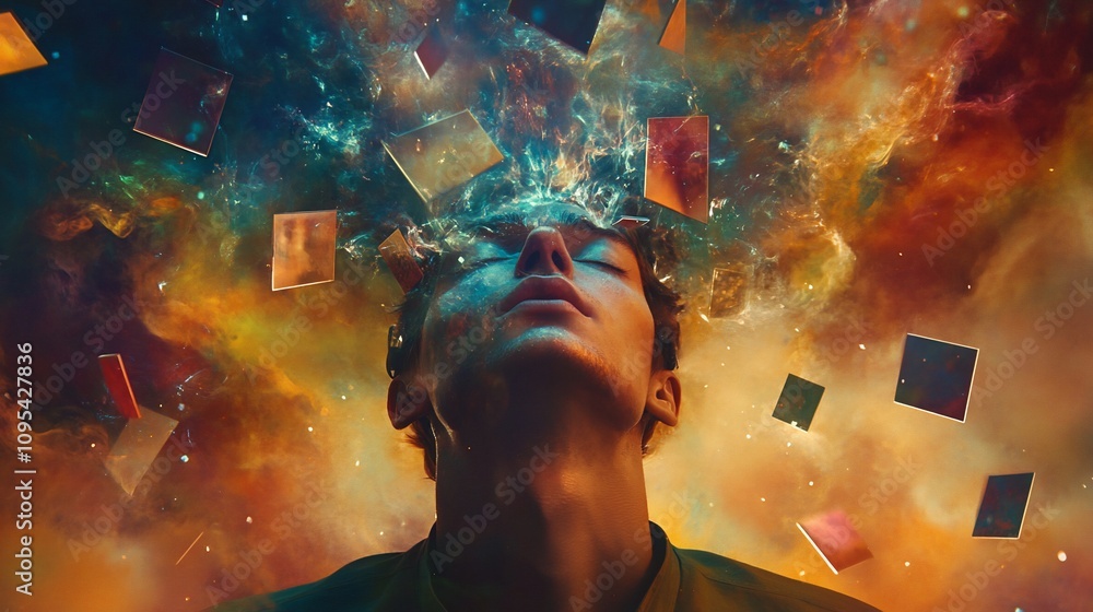 Poster man's head exploding with colorful memories and cosmic energy.