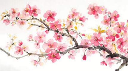 Naklejka premium Detailed high-resolution watercolor painting of chinese style pink plum blossom branch on white background. Blossoming Sakura Trees. Illustration