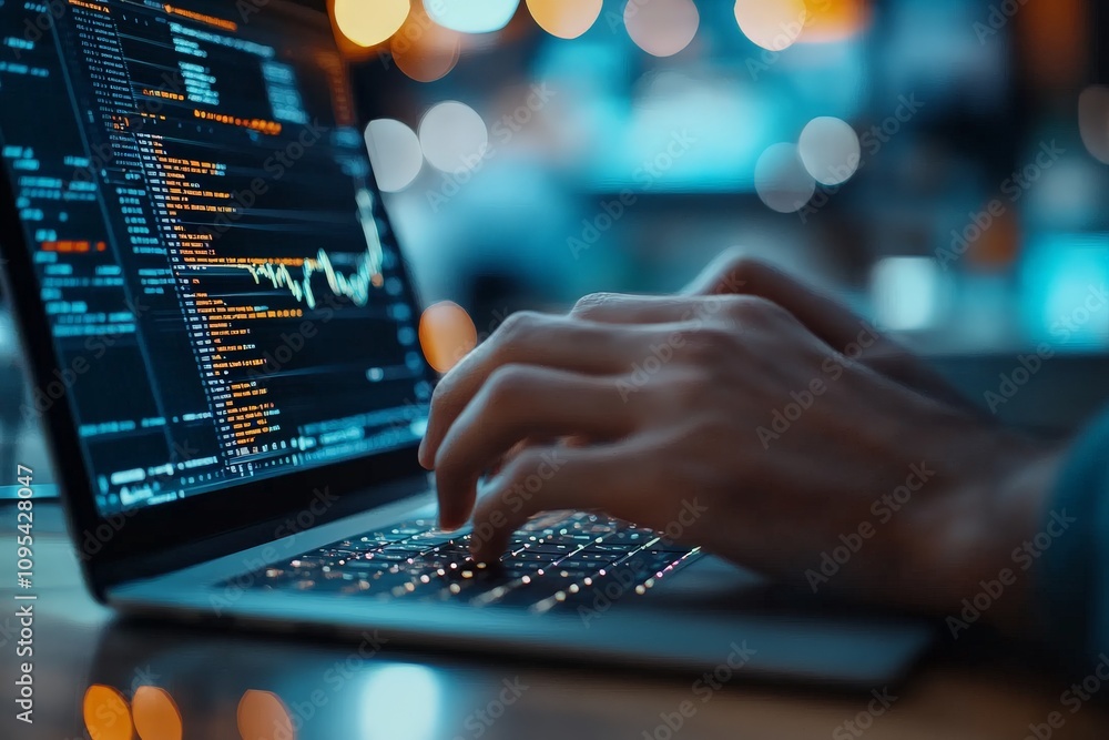Poster hands typing on a laptop showing a glowing screen of code and data. the scene is beautifully illumin