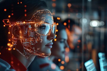 A woman gazes through futuristic digital heads-up eyewear, representing the merger of tech with human experience in an advanced interconnected environment.