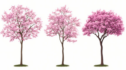 Set of cornus florida (flowering dogwood) pink blossoming frontal set street summer trees isolated png on a transparent background perfectly cutout. Blossoming Sakura Trees. Illustration