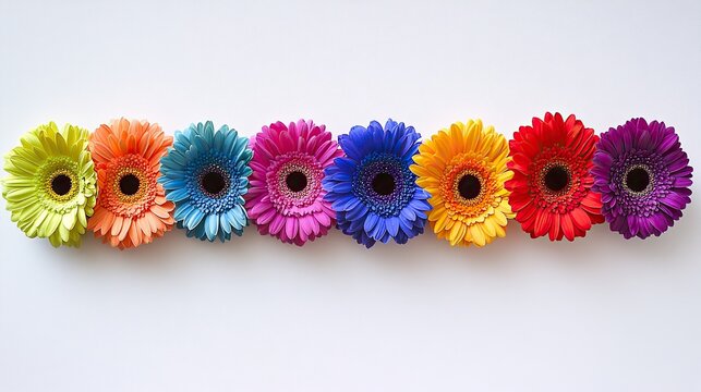 Six colorful gerbera daisies in a row different shades of red purple