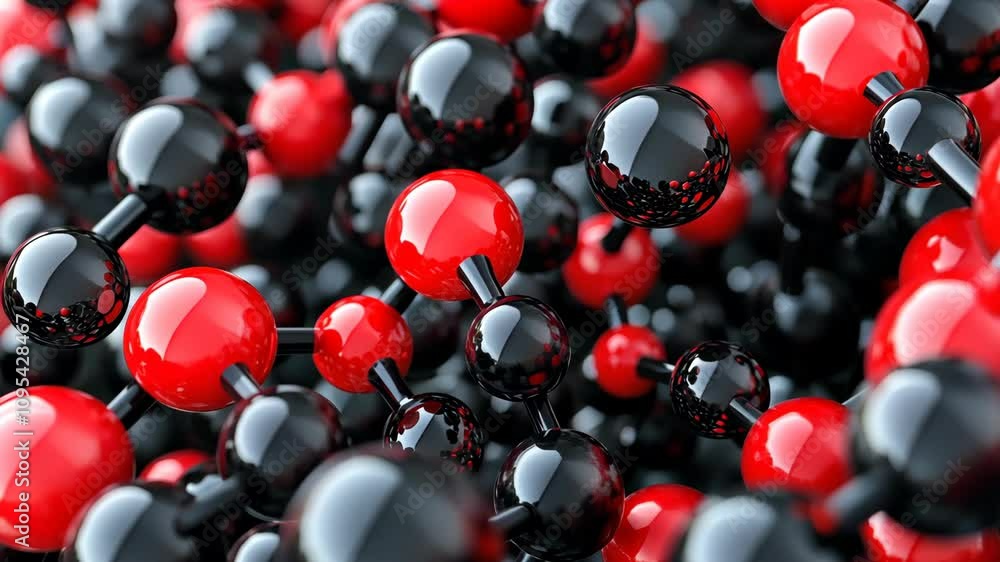 Poster colorful representation of molecular structure showcasing red and black spheres interconnected in a 