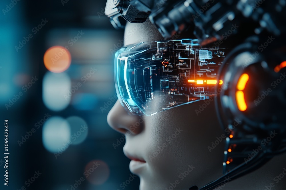 Poster profile view of a person wearing a high-tech augmented reality headset showcasing futuristic design 