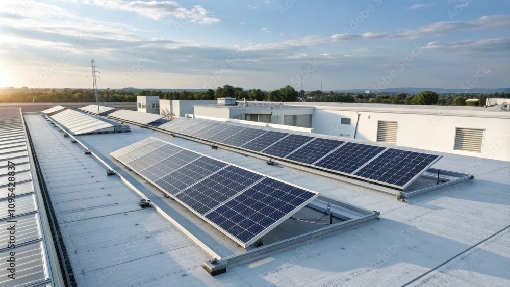Poster clean rooftop design featuring multiple solar panels angled optimally.